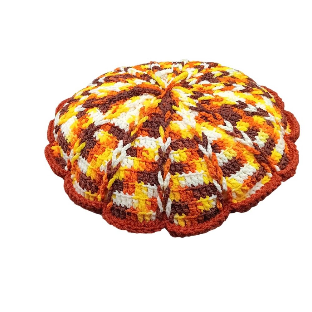 Handmade Vintage Crocheted Round Cushion Multicolor Autumn Tones Textured Scallo - Picture 3 of 3